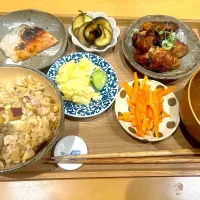 Snapdishの料理写真:さつまいもと舞茸の炊き込みご飯、ネギ塩チキン|kona7さん