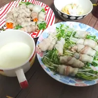 Snapdishの料理写真:肉巻き、かぼちゃスープ、ポテトサラダ|尚さん