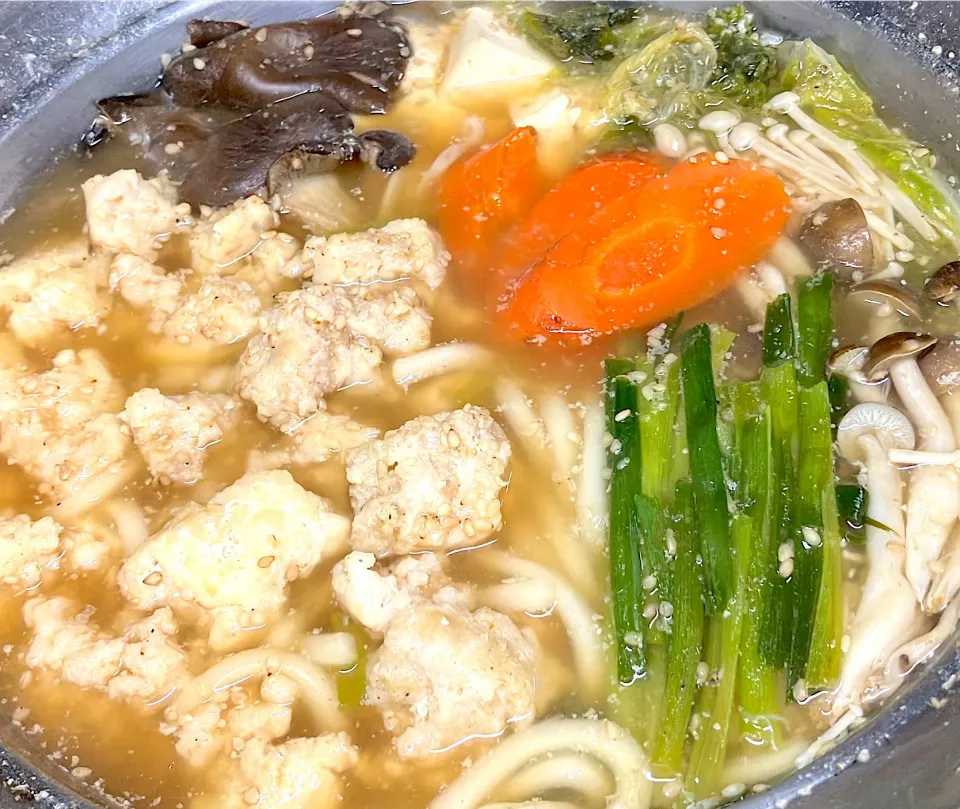 【エソ🐟のすり身のあっさりゴマ鍋】😋🍲✨ エソ、白菜、豆腐、小ネギ、🥕、ヒラタケ、しめじ、エノキ、すり胡麻|🐈⸒⸒⸒⸒つるのダンス🐈🐾さん