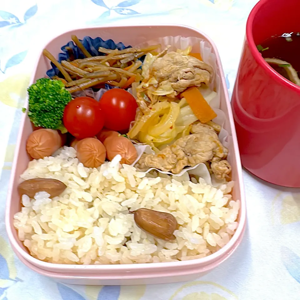 落花生ごはんと肉野菜炒め弁当|ゆっきーさん