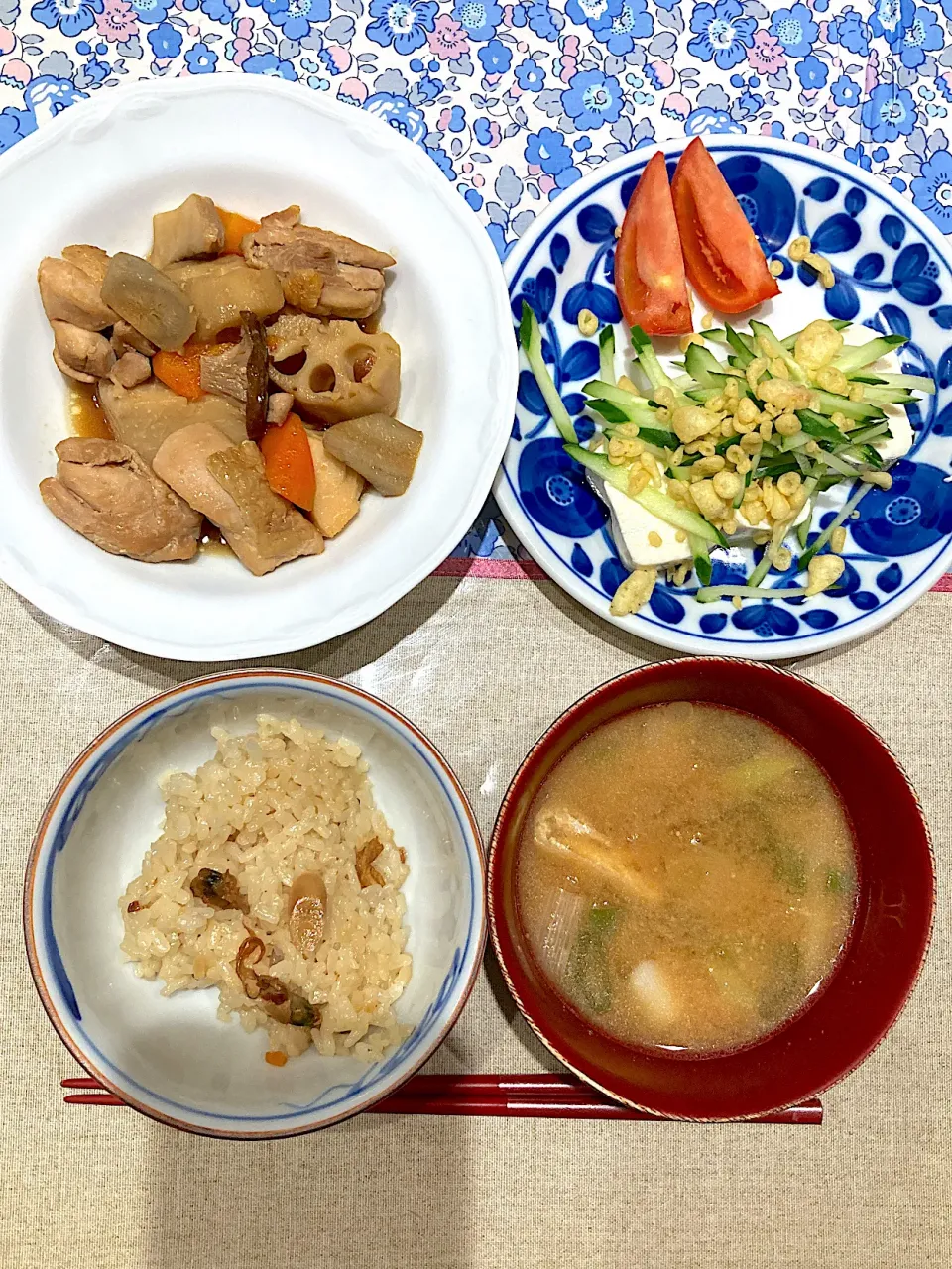 筑前煮と冷奴とはまぐりの炊き込みご飯|おしゃべり献立さん