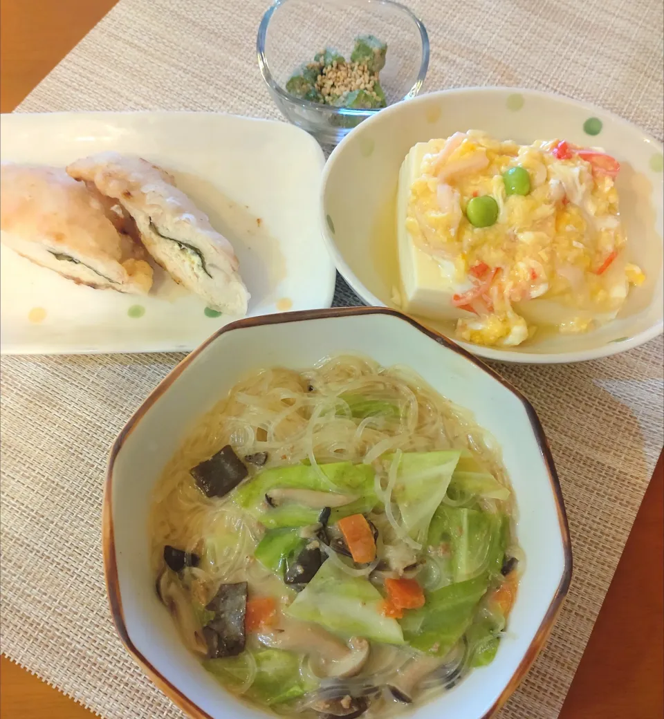 ☆とんこつ春雨　☆ささみ梅肉大葉焼き　☆冷製あんかけ豆腐　☆オクラごま和え|chikakoさん