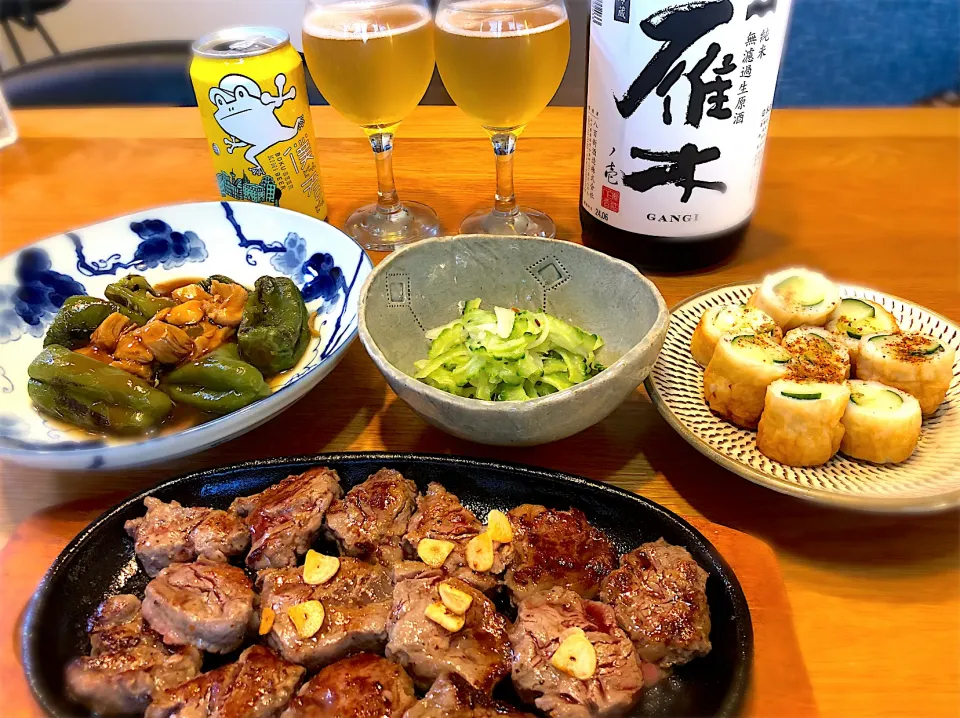 牛ヒレステーキ　ゴーヤの酢物　丸ごとピーマンと鶏ささみ肉の餡掛け　竹輪胡瓜|じゅんさんさん