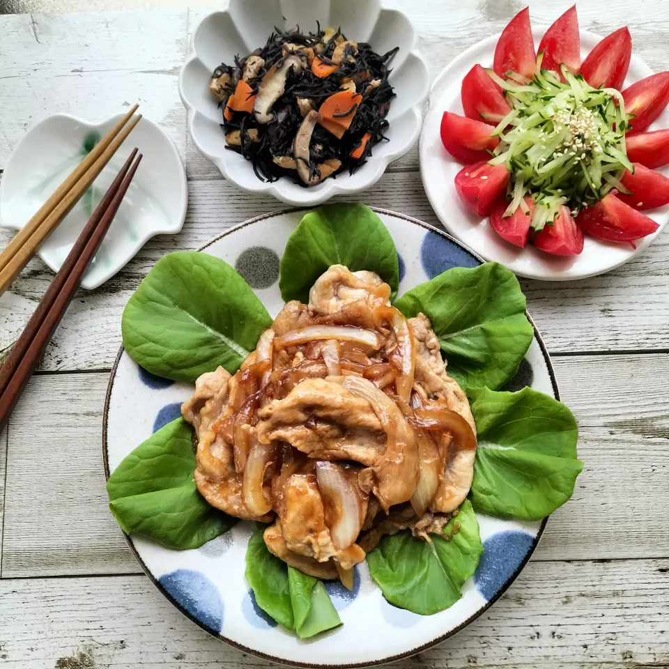 Snapdishの料理写真:豚の生姜焼きで晩ごはん|りんこさん