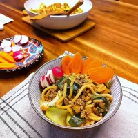 Snapdishの料理写真:Udon noodles with soy meat and vegetables|Vera Andrianova Forwerkさん