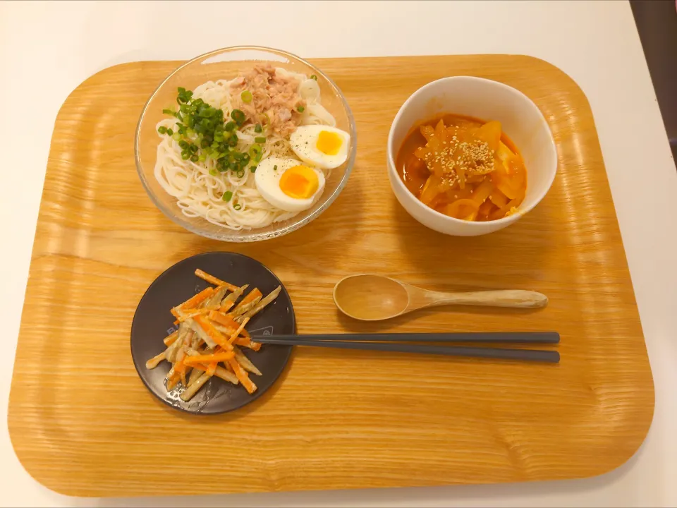 今日の昼食　ツナそうめん、豆腐チョリム、ごぼうサラダ|pinknari🐰🌈さん