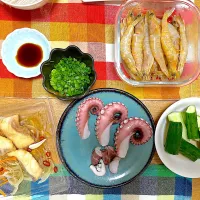 Snapdishの料理写真:ピンク海老のお刺身🦐、南知多の茹で蛸🐙、真鯛の南蛮漬け🐟、きゅうり|1614さん