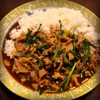 Snapdishの料理写真:プロクオリティーカレーのアレンジ^_^残り物^_^豚肉の煮付けと煮汁ニラを合わせて一手間豚肉とニラのカレー^_^|きよっさんさん