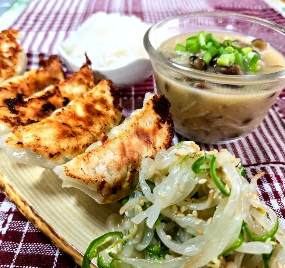 餃子
もやピーのナムル
きのこの盛りの味噌汁
あきたこまち|マギーさん