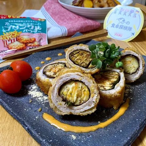 「プリンクルパウダー」を使ってみたSnapdishの料理・レシピ写真:韓国風　ハッセルバック茄子の豚巻きフライ