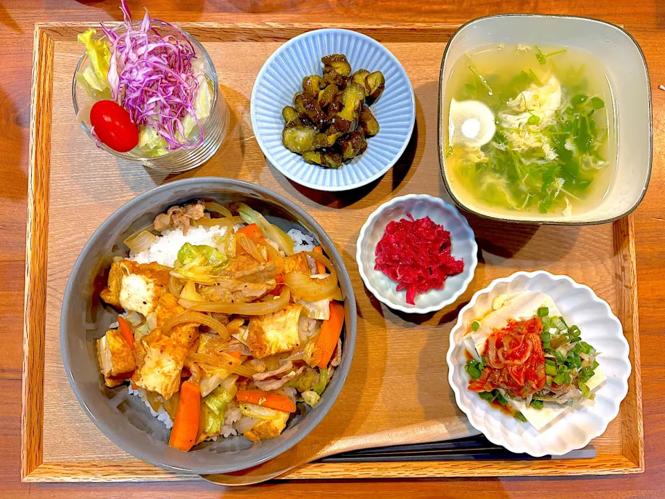 いつぞやの夜ご飯(スタミナ丼、薬味のっけ豆腐、きゅうりの漬物、紫キャベツの甘酢、サラダ、豆苗たまごスープ)|cocomikaさん