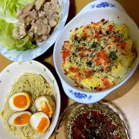 Snapdishの料理写真:冷麺、もも肉ネギ塩レモン、じゃがいも明太チーズ|わたしさん