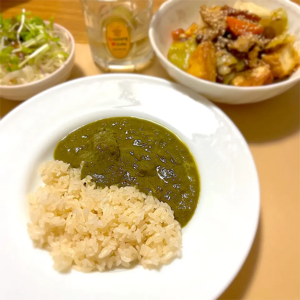 2024/09/27 RAJUのほうれん草カレー、厚揚げと野菜炒め、豆苗サラダ|kykyさん