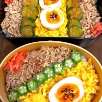 Snapdishの料理写真:3色丼　デザートはマスカット|immayuyuさん