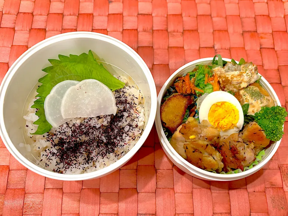 Snapdishの料理写真:中学生息子のお弁当🍱 チキンのパリパリ焼きと白身魚フライ弁当🍱|Snow10さん