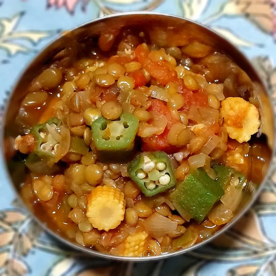 オクラとレンズ豆の煮物？🌶ピリ辛〜|きつねさん