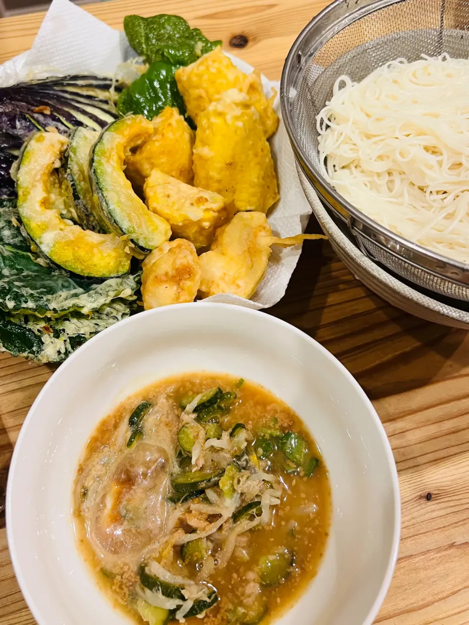 Snapdishの料理写真:夏野菜天ぷら🍤素麺|ゆきの👨‍🍳管理栄養士さん