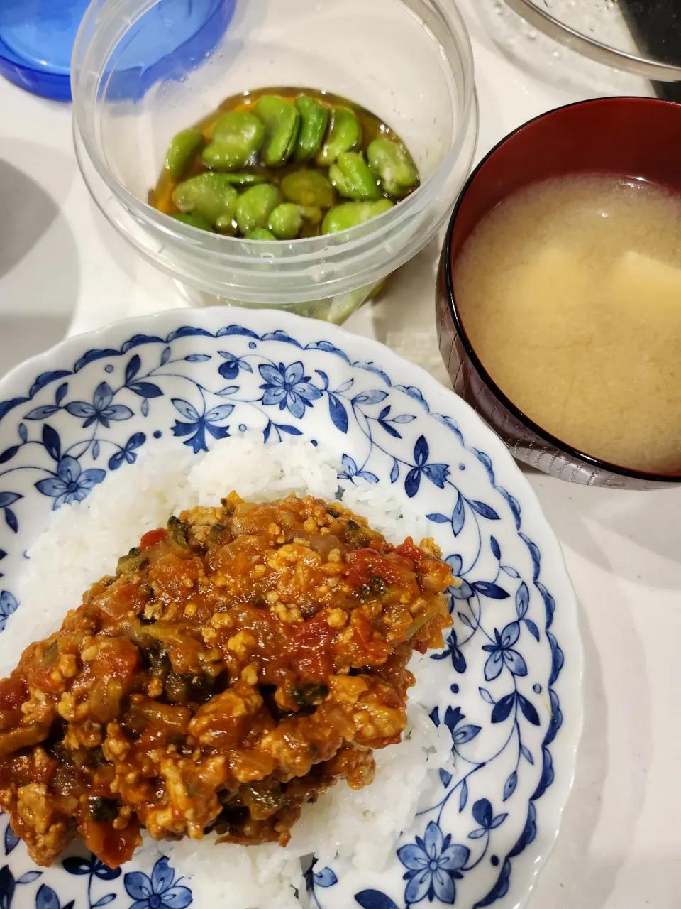 ゴーヤキーマカレー、そら豆のナムル、豆腐とえのきの味噌汁|さきさん