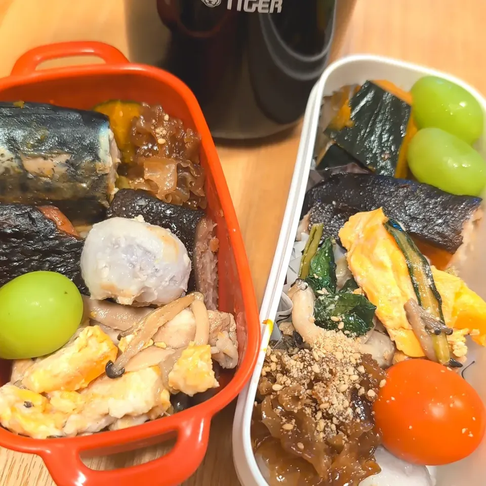 Snapdishの料理写真:息子と私弁当／銀ダラみりん／豚バラと小松菜・しめじ・卵の粒みそマヨ炒め／おちこ／白キクラゲの中華炒めなどなど／発芽玄米と白ご飯|チョコさん