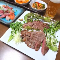 Snapdishの料理写真:ヒレステーキ　山掛け刺身　中華惣菜(酢豚、エビチリ、鶏とギンナン炒め)|オプさん