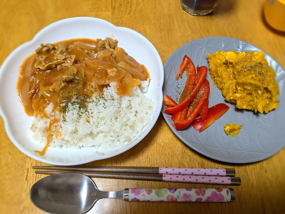 ポークチャップとかぼちゃサラダ|きなこもちさん