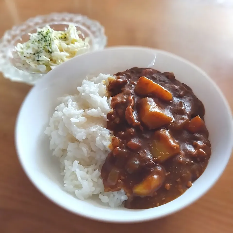 Snapdishの料理写真:きのうのカレーとコールスローサラダ|万葉さん