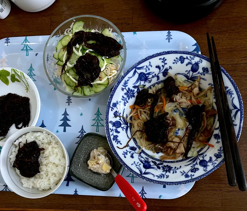 野菜炒めと、野菜サラダ、お隣さんから貰った塩もずく|マースさん