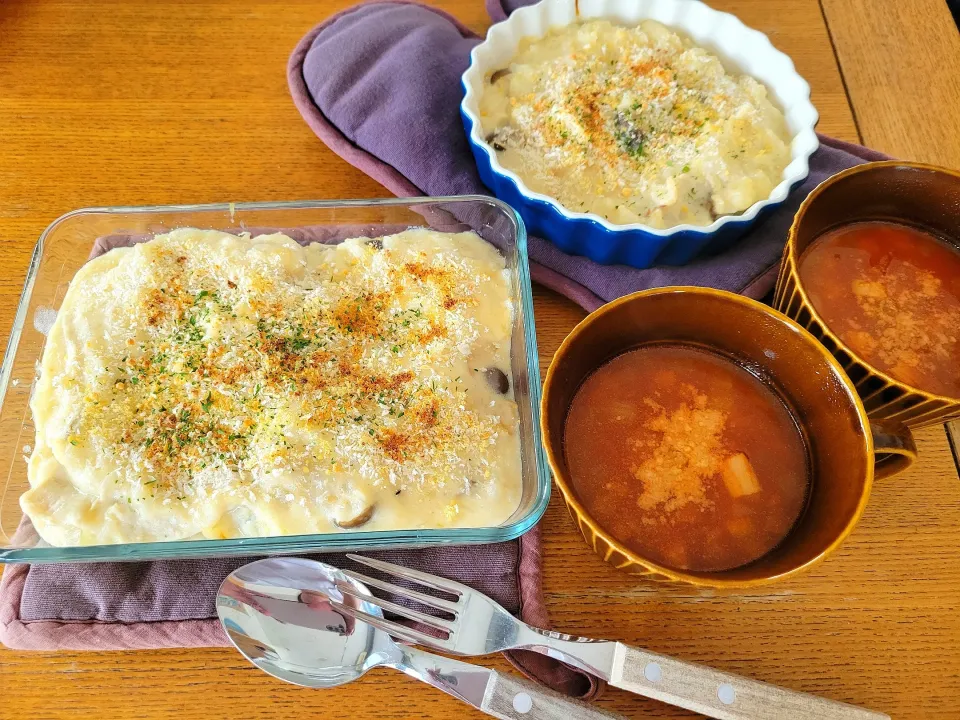 鳥としめじのクリーム焼きリゾット&ミネストローネ|まめすけさん