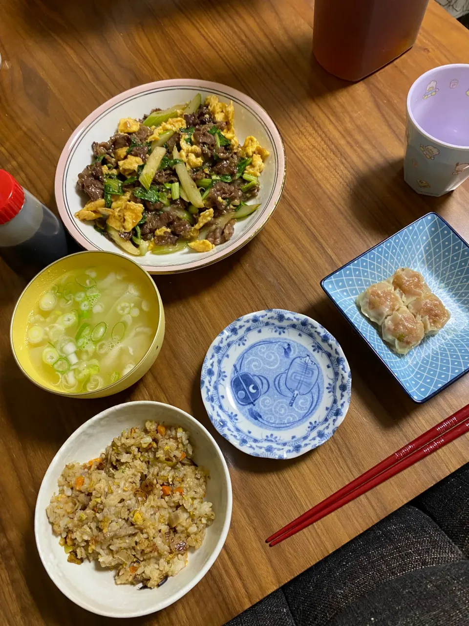 夜　じゃこチャーハン､牛肉とセロリオイスター炒め､崎陽軒シウマイ|みちくんさん