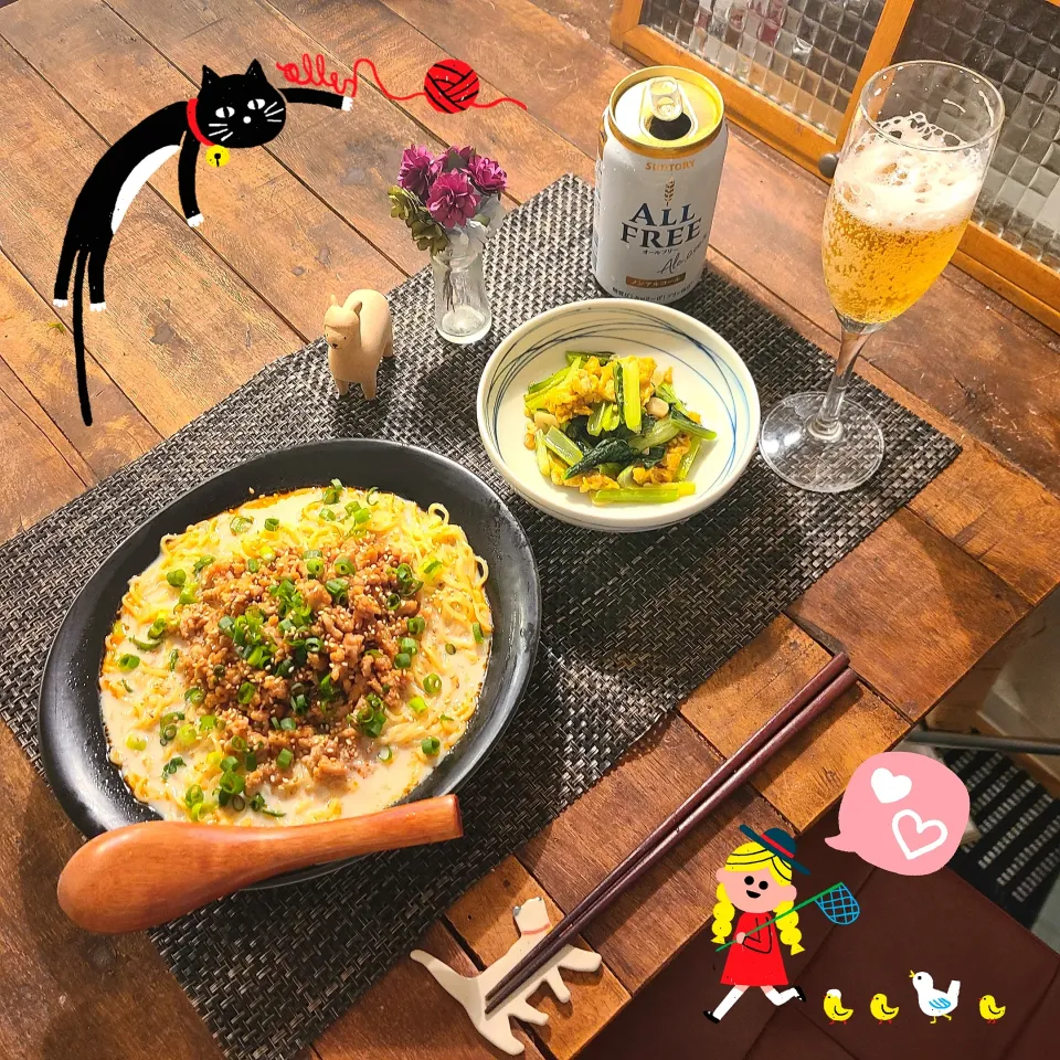 Snapdishの料理写真:冷やし担々麺と小松菜の中華風炒め|KEITAさん