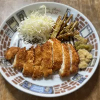 Snapdishの料理写真:チキンカツ・甘辛牛蒡・千切りキャベツ・冬瓜、きのこ入りかき玉スープ・ご飯|ちびろ菌さん