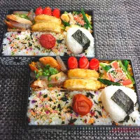 Snapdishの料理写真:母とムスコのラブラブおソロ♪れんこんのはさみ揚げ＆おでん弁当