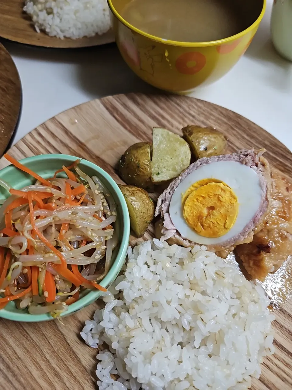 ☆夕飯☆豚玉照焼、青海苔芋、ナムル、味噌汁、ごはん|ｼｮｺﾗさん