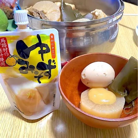 「馬路村のゆずみそ」を使ってみたSnapdishの料理・レシピ写真:大根とたまご、それからマルコメさんちのゆずみそ。