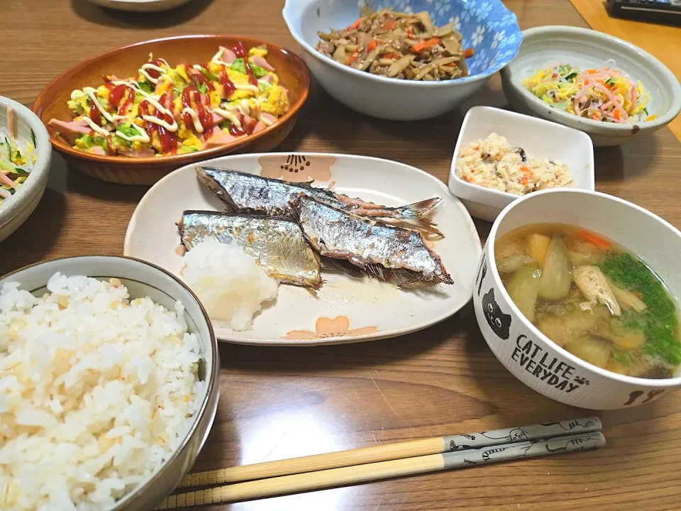 秋刀魚・オカラ・春雨の酢の物・きんぴらごぼう・ムギ入りご飯・味噌汁🌺|chiyukiさん