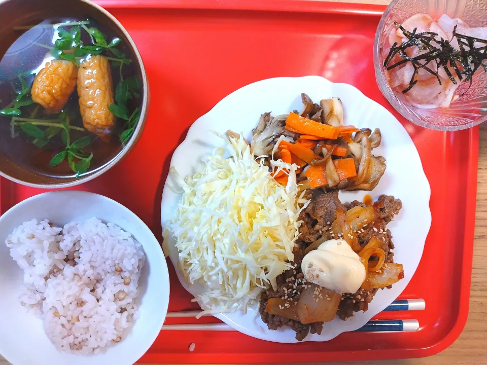 梅肉大根　ごぼう天と豆苗のお吸いもの　牛肉炒め|さゆさん