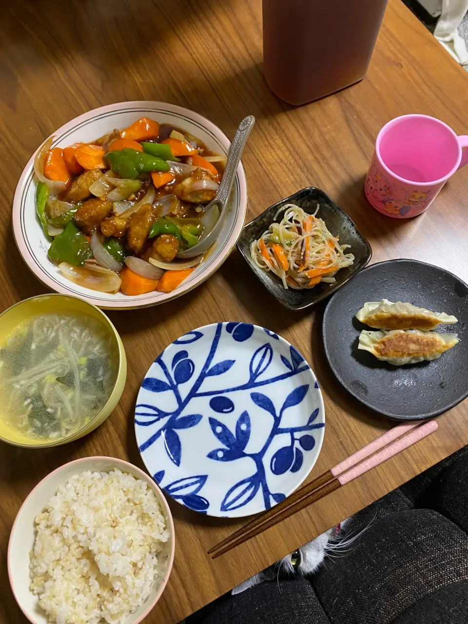 夜　酢豚､焼き餃子､春雨サラダ|みちくんさん