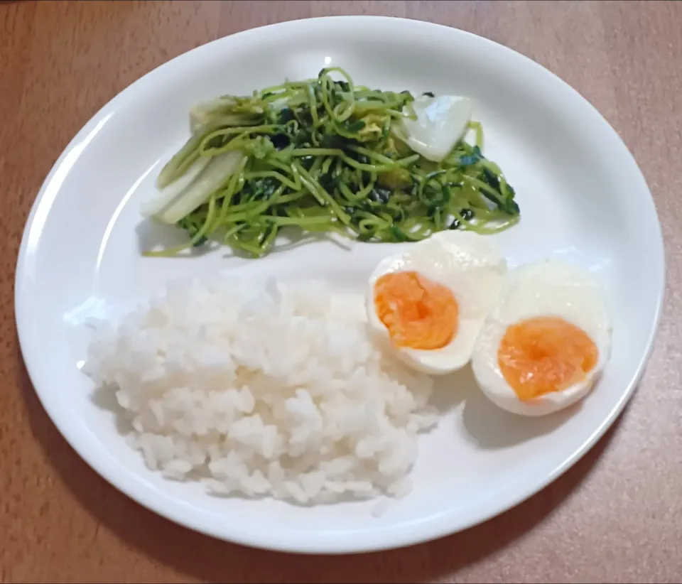 白菜と豆苗の中華炒め、ご飯🍚、茹で卵|ナナさん