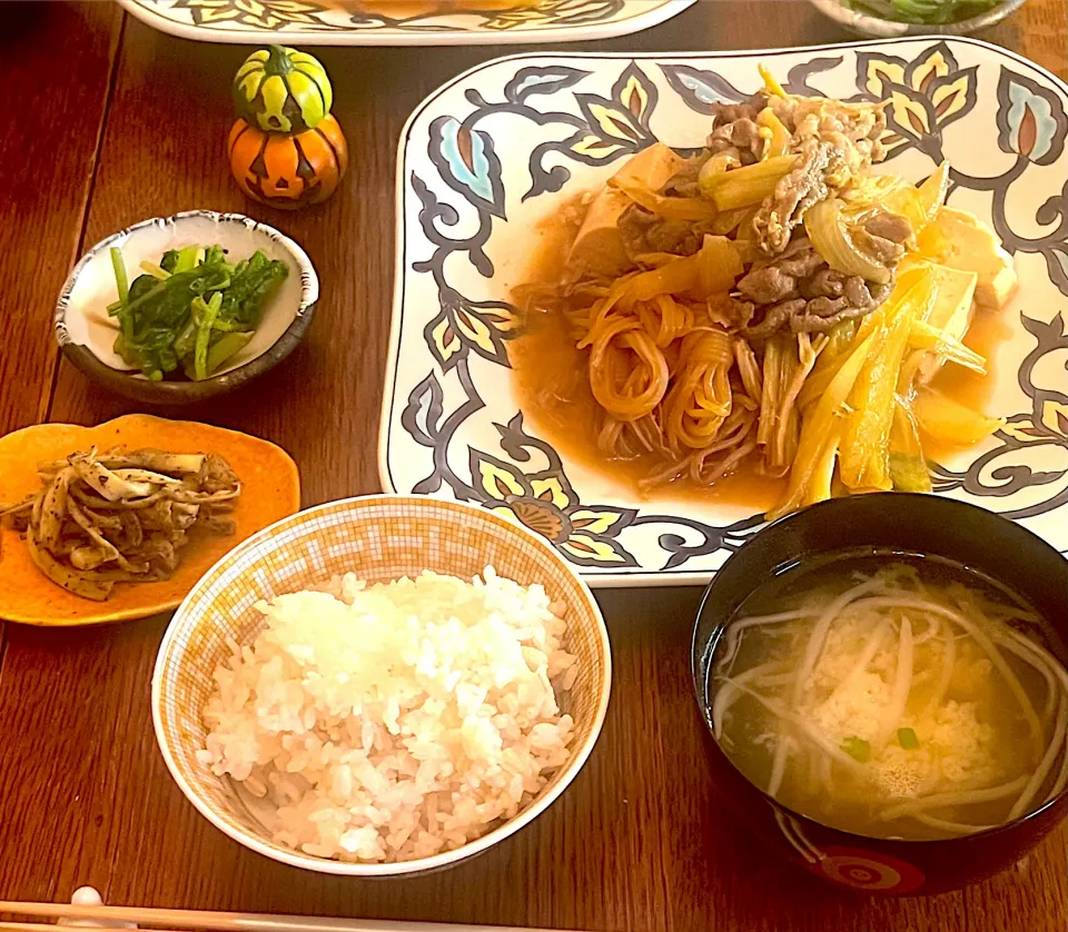 晩ごはん♯すき焼き風煮♯まこもだけのきんぴら♯野沢菜おひたし♯長野野菜|小松菜さん