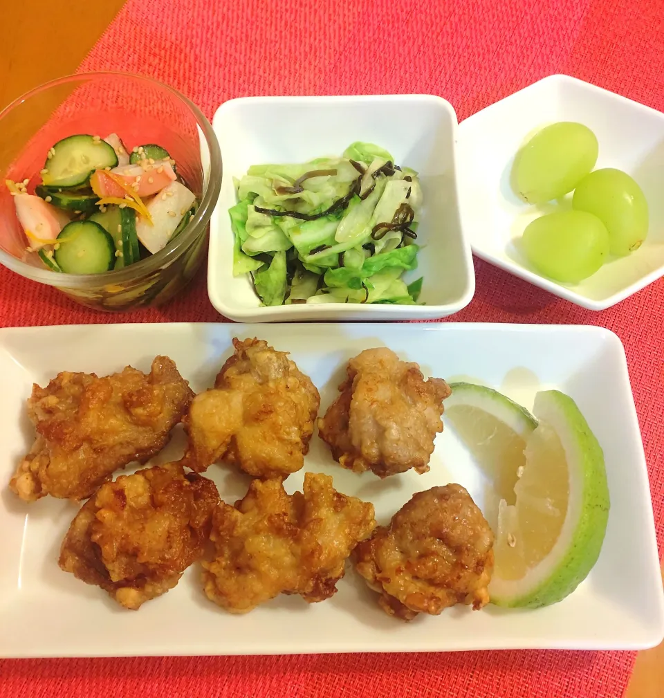 ☆鶏もも肉竜田揚げ　☆酢の物　☆無限キャベツ　☆シャインマスカット|chikakoさん