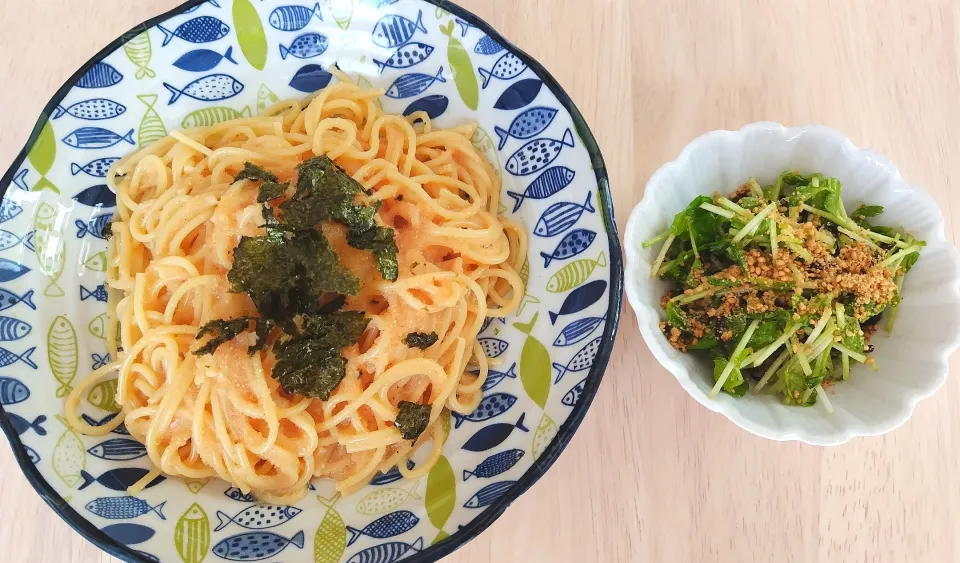 2024 0907　たらこパスタ　豆苗の塩昆布ナムル|いもこ。さん