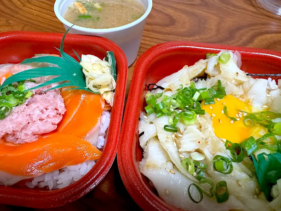 えんがわユッケ丼＋サーモンねぎとろ丼＋本日のあら汁|tkeakirさん