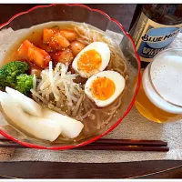 Snapdishの料理写真:暑さ戻ってまた韓国冷麺風🇰🇷食べて乾杯🍻| ワイントンさん