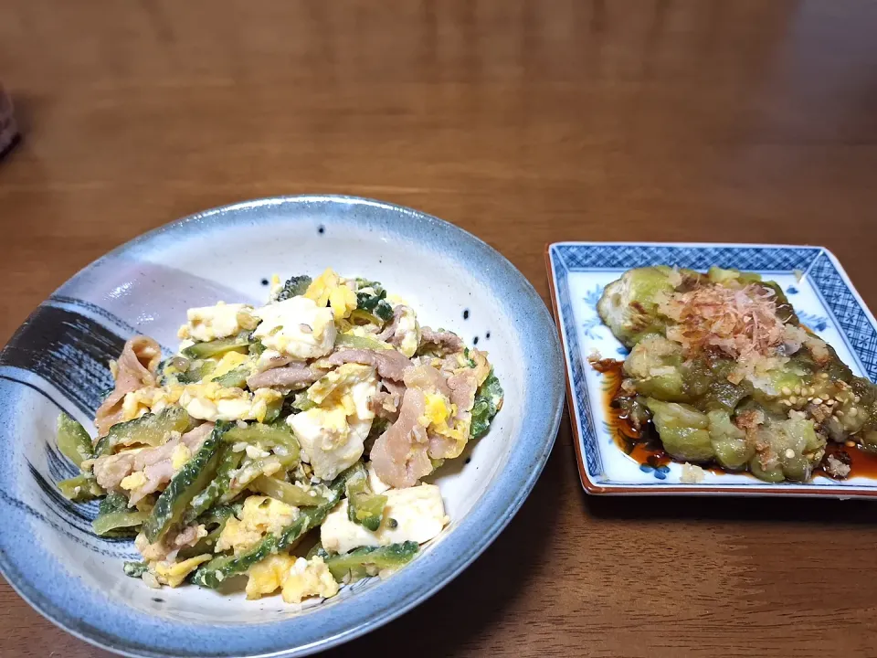 ゴーヤの味噌チャンプル、トロナスの焼きナス|オプさん