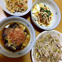 Snapdishの料理写真:炊き込みご飯、ツナたま、なす煮浸し、豚バラ塩ダレ|わたしさん