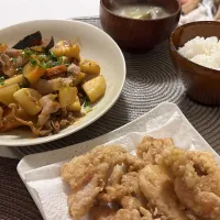 Snapdishの料理写真:かぼちゃと大根と豚肉の炒め煮とやげん軟骨の柚子胡椒の唐揚げ|もぐ子〜痩せたいさん