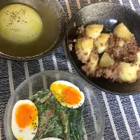 Snapdishの料理写真:ポパイサラダ、玉ねぎスープ、じゅがいも炒め| ルナピーボールさん