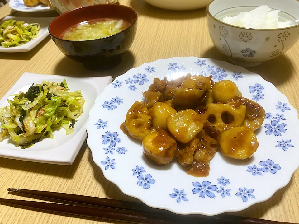 里芋とれんこんと豚肉の照り焼き炒め|さきさん