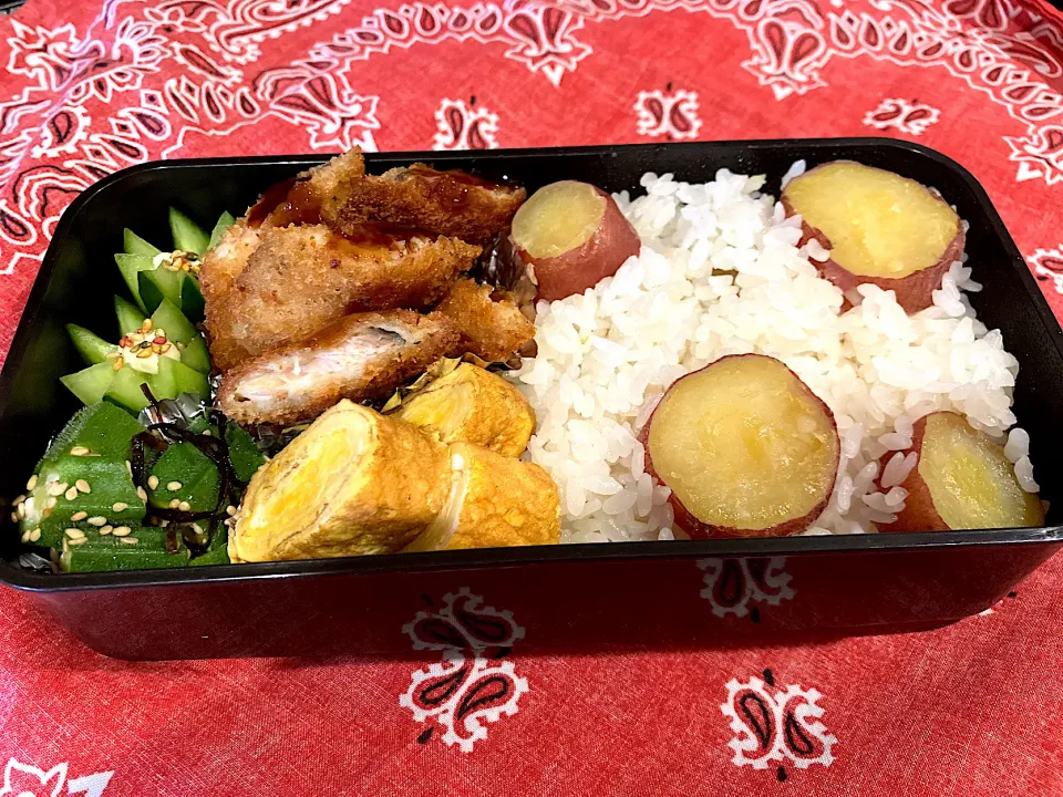 2024.10.17 息子弁当　◎さつまいもごはん　◎鮭フライ　◎卵焼き　◎おくら塩昆布和え |goroさん