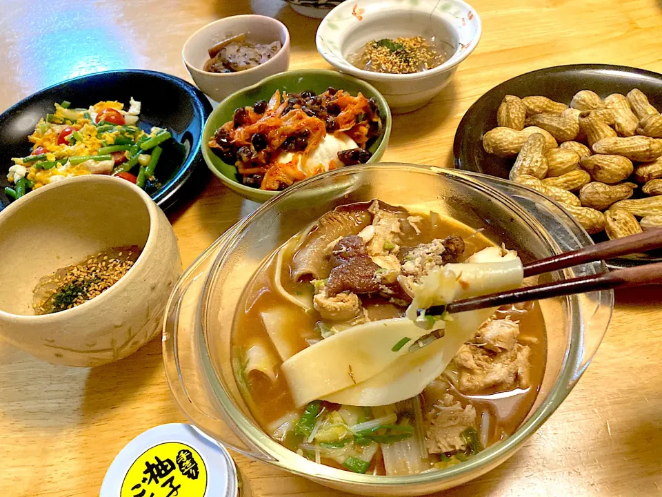 だんご汁＊黒豆納豆キムチ奴＊ところてん＊トマトと卵の中華炒め＊蓮根きんぴら＊茹でピーナッツ|さくたえさん